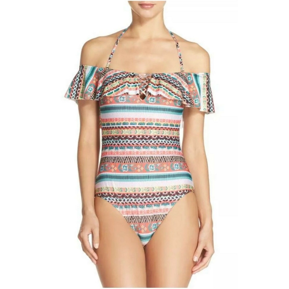 NEW Becca Tapestry Off The Shoulder One Piece Swimsuit Small